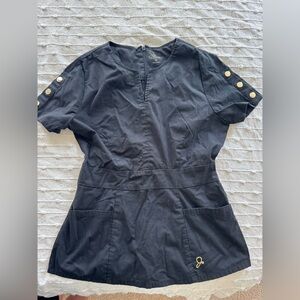 Jaanuu black scrub top with zipper and pockets XS and gold buttons
